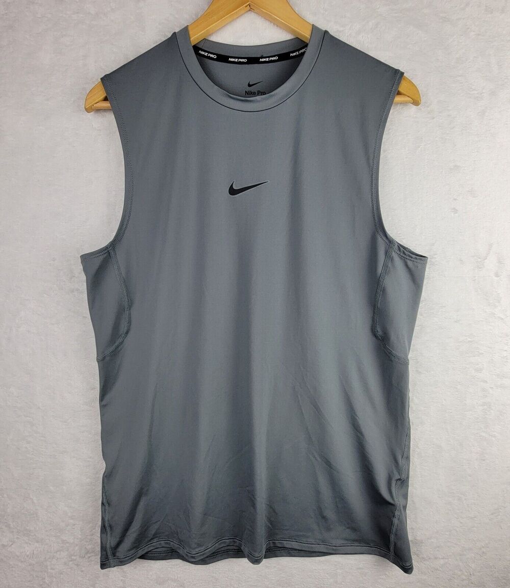 Nike Dri Slim Fit M Sleeveless Gray Black Logo Training Running Activewear Top